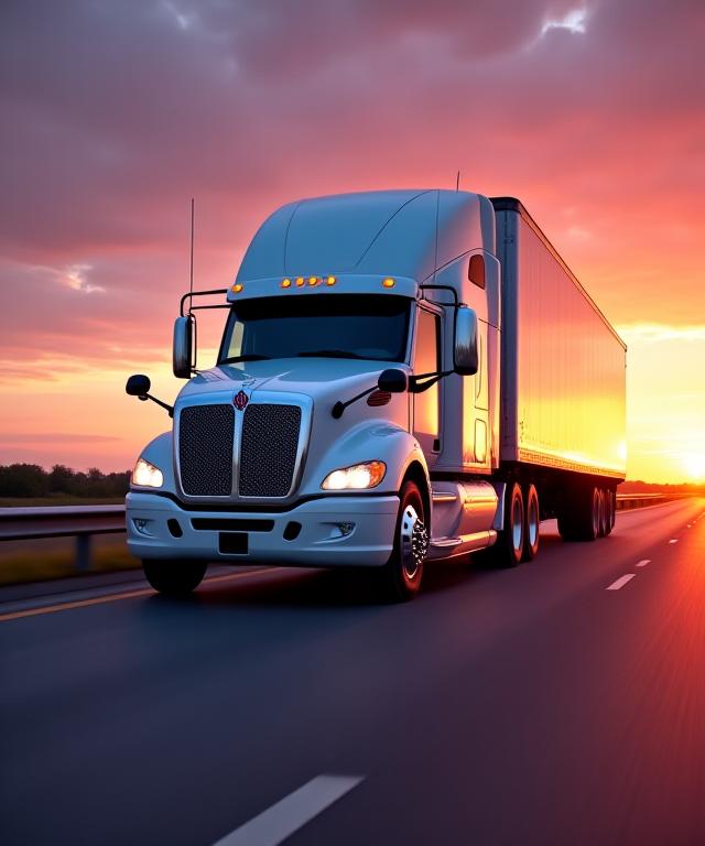 A sleek semi-truck carrying a high-capacity dry van on a Texas highway at dawn