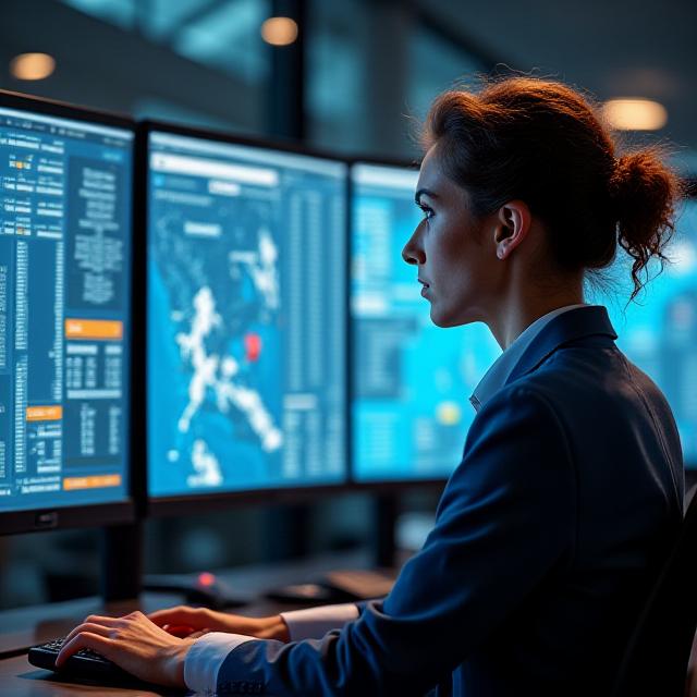 Logistics coordinator at a modern workstation tracking fleet movements