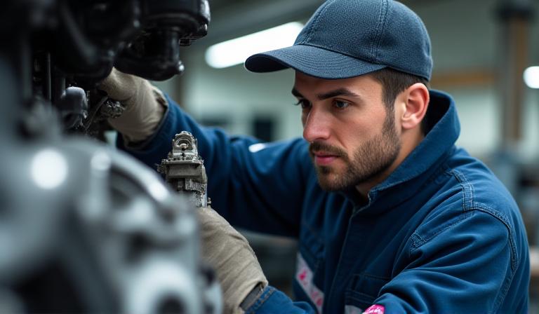 Professional mechanic checking a modern truck engine in a clean facility