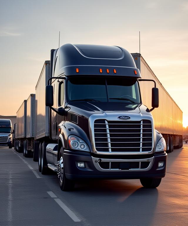 A line of modern carbon-grey semi-trucks parked at a professional logistics hub